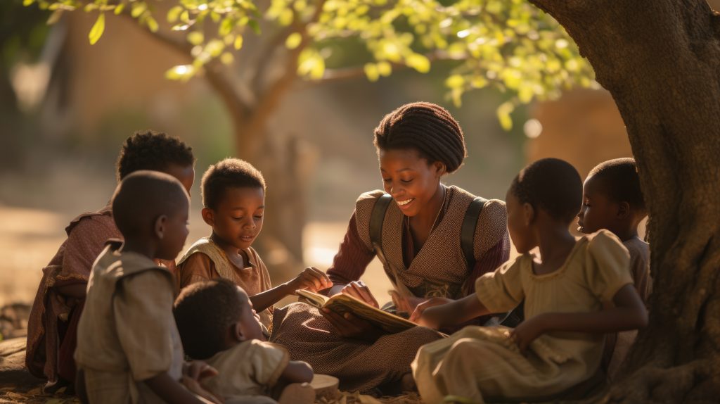 a group of african children are in school. an open air lesson near a tree.